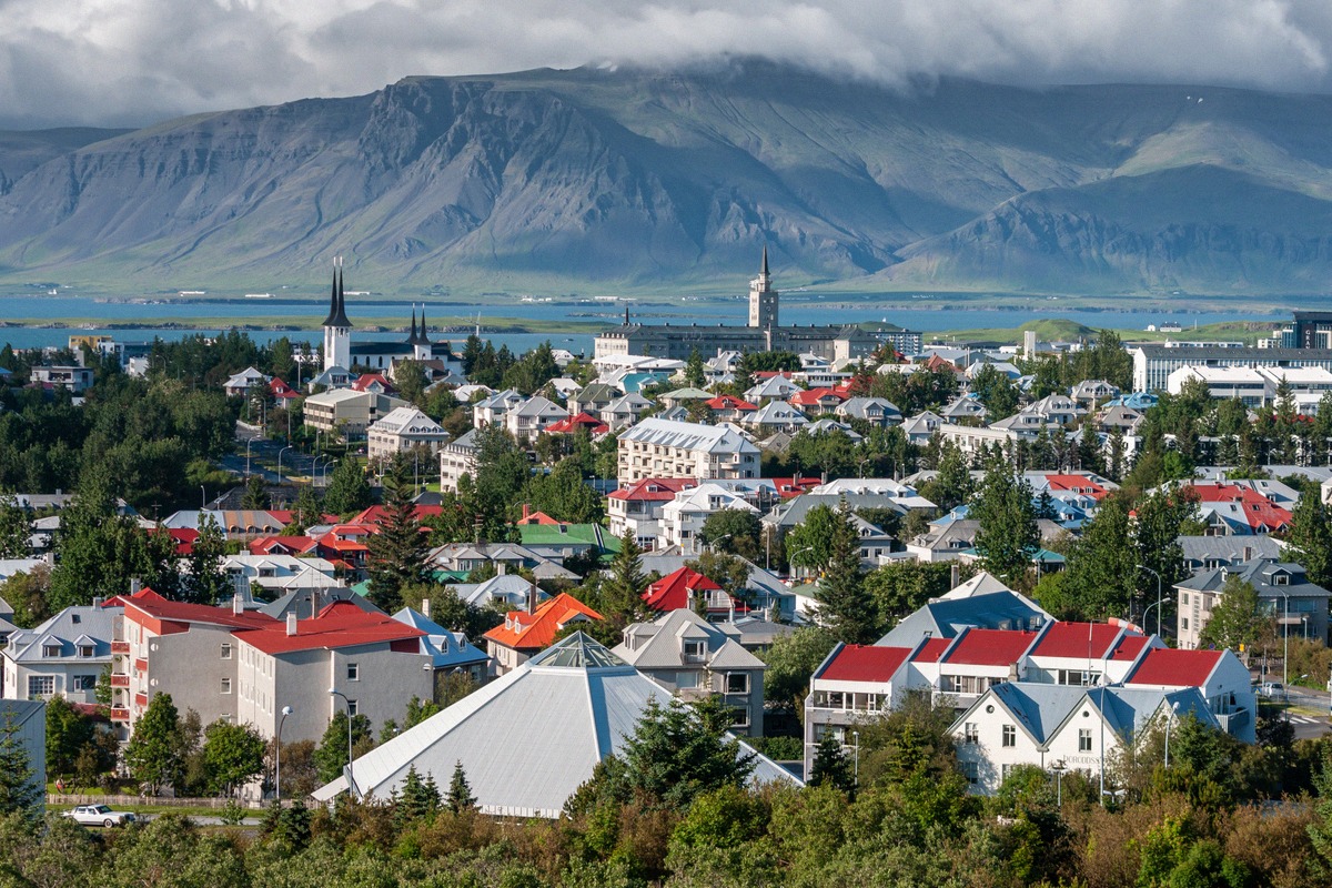 Panorama of Reykjavik with colourful roofs and the church tower