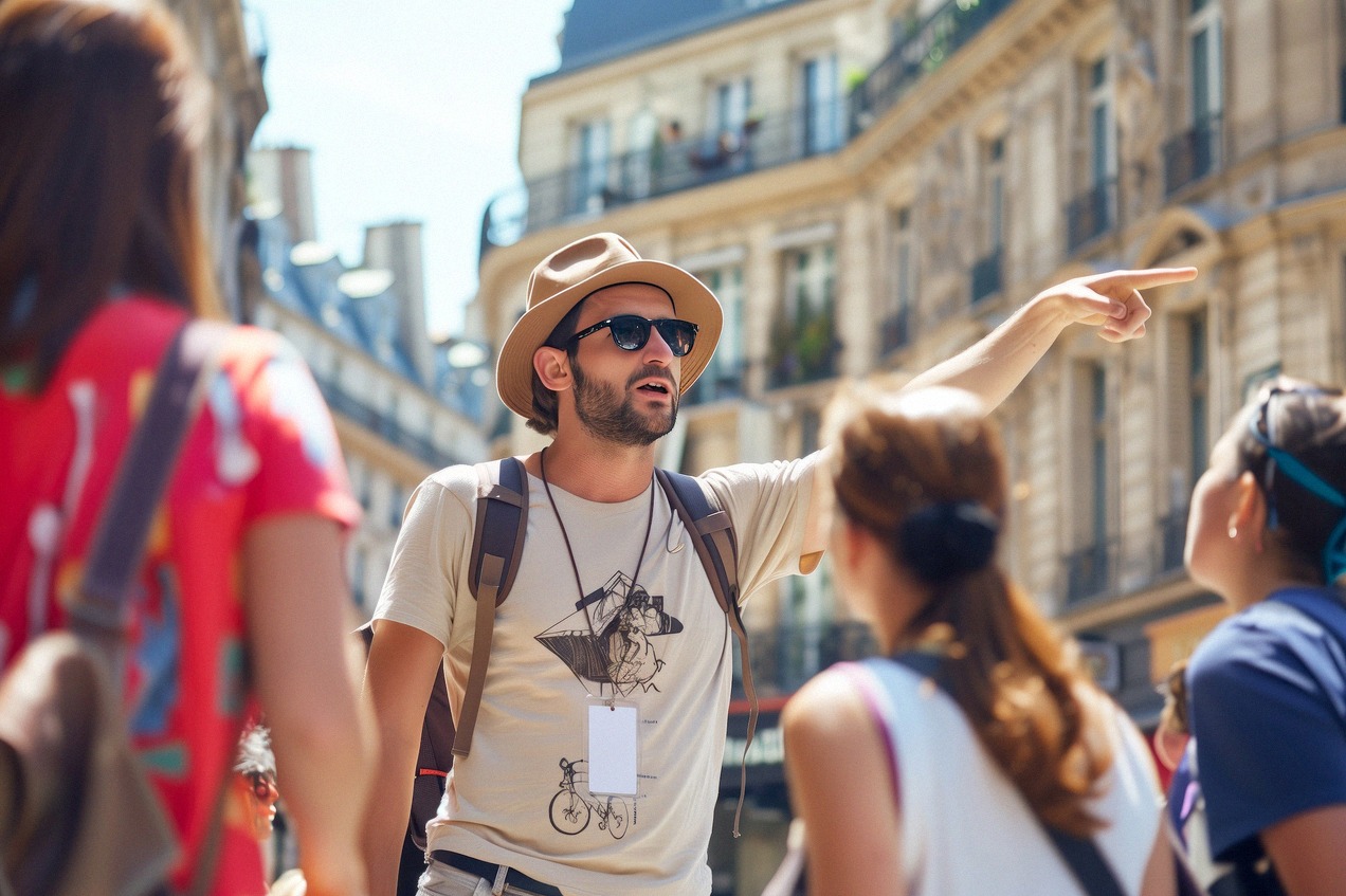 A guide with hat and badge explaining a sight to a group of visitors in Rome